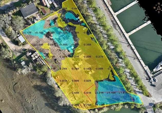 Cut and fill map comparing design surface to drone-surveyed ground