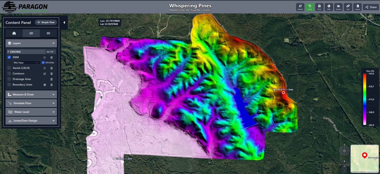 Flood modeling tool showing pool elevation over a bare-earth LiDAR terrain model